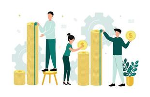 Finance. Vector illustration of econometrics. Woman and men measure stacks of coins with tape measure, against the background of gears, flower pot