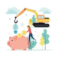 Finance. Vector illustration of resource financing. An excavator with a crane installs a light bulb on a piggy bank, into which a woman, standing on a ladder, throws coins