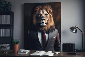 Smart lion in a business suit at the office. photo