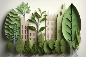 Green leaf with trees and city building silhouette. The preservation of ecology. Green city or green town concept. Paper Art. photo