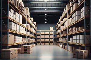 Large clean warehouse with shelfs, cardboard boxes and products. photo