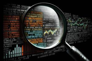 Magnifying glass search of investing and stock market. photo