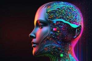 3D Artificial intelligence or AI in image humanoid head. Robotic face analyzing flow big data. Futuristic modern glow in the dark background. photo