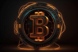 3D ultra realistic Bitcoin logo with neon light. Blockchain technology and cryptocurrency concept. photo