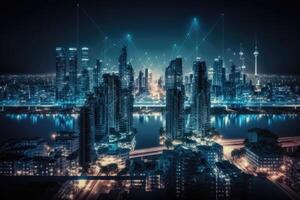 Smart city at night application development concept. photo