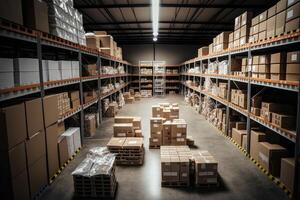 Large clean warehouse with shelfs, cardboard boxes and products. photo