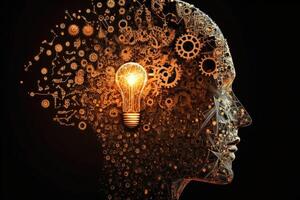 AI Generated Big data technology. Human head made of cogs or gears with light bulb shape. photo