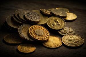 Gold coins on a wooden table. Symbol of wealth and money. Golden background. photo