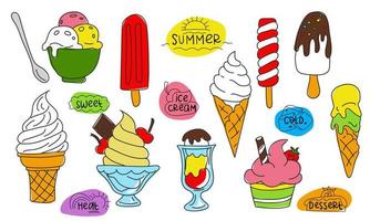 A set of hand-drawn doodles and colored spots with various ice cream. Waffle cone, cups, on a stick, ice cream, in glass. A sketch of a vector illustration in the style of a cafe menu, postcards