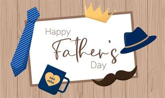 Happy fathers day banner on wood background. Card for father's day with man symbols. Vector illustration.