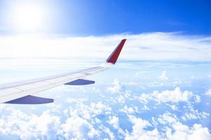 Wing of an airplane flying in the sky photo