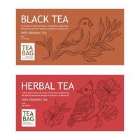 BLACK AND HERBAL TEA Packaging With Birds And Flowers Set vector