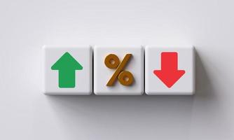 Percent with arrow up, down icon on cube. interest rate change, percentage rate is falling and rising. Business concept with copy space. photo