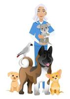 Woman veterinarian with a dog in her arms and dogs around vector