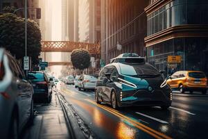 un yo conducción coche navegando mediante ciudad. tecnología iot inteligente ciudad. generativo ai foto