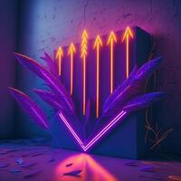 Neon arrow lamps on wall. Purple blue light. Vaporwave illustration. photo