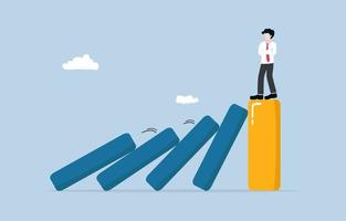 strong business during recession, well prepared  management against negative economic impact, surviving company concept, Businessman standing on strong bar graph unaffected by domino effect. vector