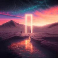Neon frame in futuristic landscape. Space background with the human silhouette. photo