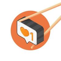 Maki roll with heart symbol inside. Social media concept with sign like. Chopsticks hold sushi. Media content to grab like from social audience vector