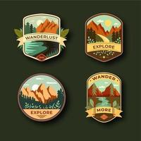 Set of four mountain travel emblems. Camping outdoor adventure emblems, badges and logo patches. Forest camp labels in vintage style vector