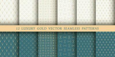 Set of 12 luxurious vector seamless patterns. Geometrical patterns on a white and emerald background. Modern illustrations for wallpapers, flyers, covers, banners, minimalistic ornaments, background