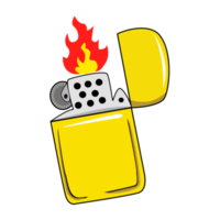 Yellow, cartoon-like lighter and fire flames. flat design png