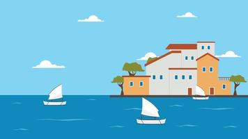 Mediterráneo casa con mar ver arquitectura y costero paisaje vector