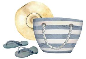 Hand drawn watercolor composition. Striped beach bag, straw sun hat, pair of flip-flops. Isolated on white background. Design wall art, wedding, print, fabric, cover, card, tourism, travel booklet. vector