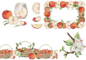 Hand drawn watercolor set with frames, wreaths and compositions. Apple fruit, flowers, leaves, branches. Isolated object on white background. Design for wall art, wedding, print, fabric, cover, card. vector