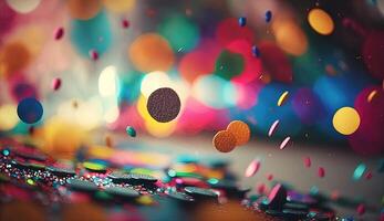 Multi-colored bright confetti on a backdrop with bokeh effect. Abstract glamour texture for holiday party. . photo