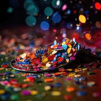 Multi-colored bright confetti on a backdrop with bokeh effect. Abstract glamour texture for holiday party. . photo