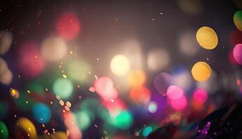 Multi-colored bright confetti on a backdrop with bokeh effect. Abstract glamour texture for holiday party. . photo