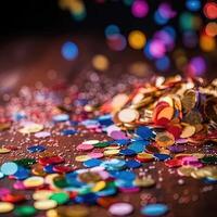 Multi-colored bright confetti on a backdrop with bokeh effect. Abstract glamour texture for holiday party. . photo