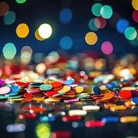 Multi-colored bright confetti on a backdrop with bokeh effect. Abstract glamour texture for holiday party. . photo