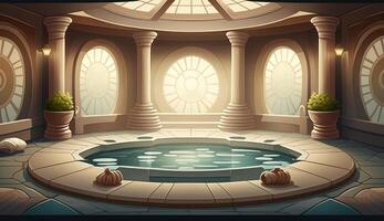 Elegant luxury royal wellness bathtub spa interior, poster for spa center or roman bath in cartoon style. . photo