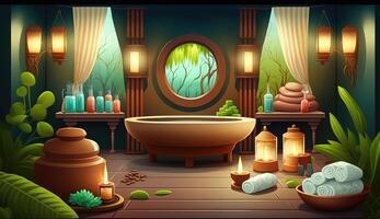 Elegant luxury royal wellness bathtub spa interior, poster for spa center or roman bath in cartoon style. . photo