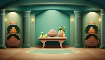 Elegant luxury royal wellness bathtub spa interior, poster for spa center or roman bath in cartoon style. . photo