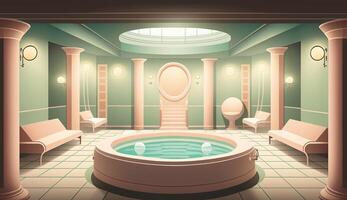 elegante lujo real bienestar bañera spa interior, póster para spa centrar o romano bañera en dibujos animados estilo. ai generado. foto