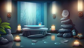 Elegant luxury royal wellness bathtub spa interior, poster for spa center or roman bath in cartoon style. . photo