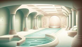 Elegant luxury royal wellness bathtub spa interior, poster for spa center or roman bath in cartoon style. . photo