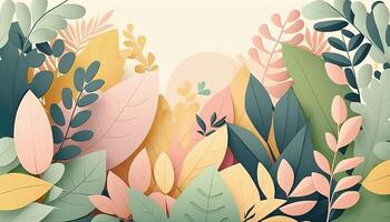 Pastel colored Foliage decorative background in flat style Various abstract tropical leaves on a dark background. . photo