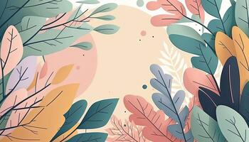 Pastel colored Foliage decorative background in flat style Various abstract tropical leaves on a dark background. . photo