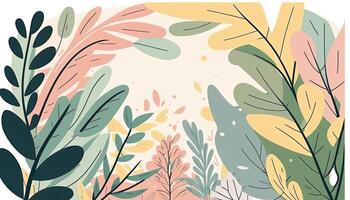 Pastel colored Foliage decorative background in flat style Various abstract tropical leaves on a dark background. . photo