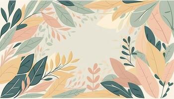 Pastel colored Foliage decorative frame in flat style Various abstract tropical leaves on a dark background. . photo