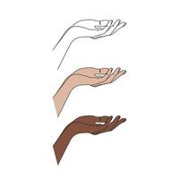 Outstretched hand palm up. One line art. Hand gesture. Pose and gesturing. Hand drawn vector illustration.