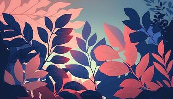 Pink and blue Foliage decorative background in flat style Various abstract tropical leaves on a dark background. . photo