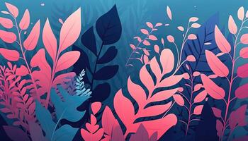 Pink and blue Foliage decorative background in flat style Various abstract tropical leaves on a dark background. . photo