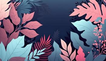 Pink and blue Foliage decorative background in flat style Various abstract tropical leaves on a dark background. . photo