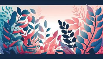 Pink and blue Foliage decorative background in flat style Various abstract tropical leaves on a dark background. . photo