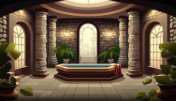 elegante lujo real bienestar bañera spa interior, póster para spa centrar o romano bañera en dibujos animados estilo. ai generado. foto